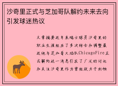 沙奇里正式与芝加哥队解约未来去向引发球迷热议